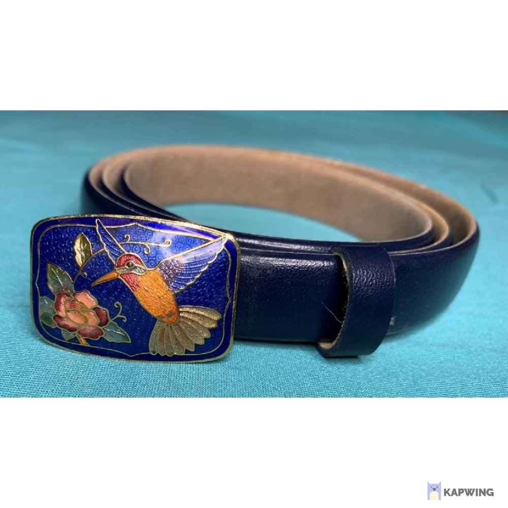 Hummingbird Cloisonné  Leather Belt - Blue - 1980s